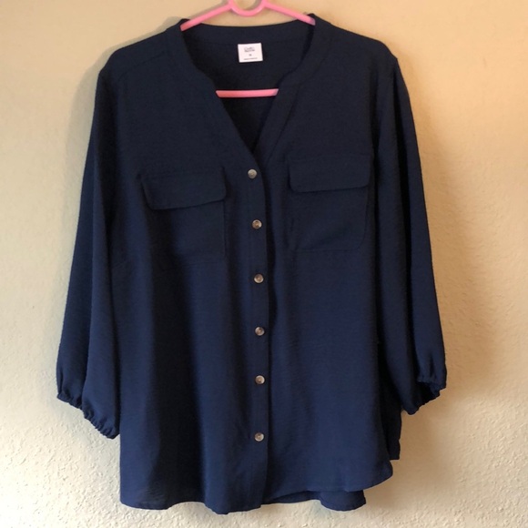 Croft & Barrow Women's Top Size 1X Navy Blue Button-Up 3/4 Balloon Sleeves Flowy - Picture 1 of 9